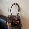Brown oil leather shoulder bag with white contrast stitching and plush bear charm - No Pendant / Coffee