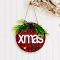 Targa natalizia in legno per porta con motivo a quadri rossi e scritta xmas in feltro bianco - Modello XMAS Bianco a Quadri