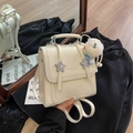 Cream white leather mini backpack with star buckles and plush charm decoration - With Pendant / White