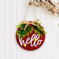 Buffalo plaid wood door hanger with white hello script, greenery and burlap bow - Plaid Door Plaque HELLO