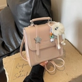 Pink mini faux leather backpack with star charm and fluffy monster keychain accessory - With Pendant / Pink
