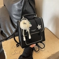 Black vegan leather backpack with star patches, silver rivets and plush monster charm - With Pendant / Black