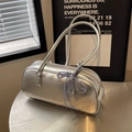 Silver metallic barrel shoulder bag with crinkled leather and a blue checkered bow - Silver