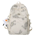 Zaino beige con motivi a orso e ciondolo a anatra per scuola e tempo libero - Senza Pendente / Bianco