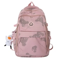Pink printed casual backpack with grey bear pattern and cute duck plush pendant charm - Pink