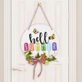 Hello Summer Türschild aus Holz mit Regenbogen-Eis-Motiv und gestreifter Schleife - Sommer Holzschild