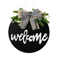 Round wooden welcome sign in black finish with sunflower and checkered bow decor - Welcome Door Sign with Bow