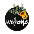 Round wooden welcome sign with sunflower bow decor and white artistic lettering - Welcome Door Sign with Sunflower