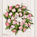 Spring tulip wreath with pink and white artificial flowers on a white door - Pink Tulip Wreath