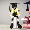 Graduation gnome with glasses, braided hair, and black stripes legs on a white stand - Braid Style