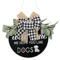 Rustic welcome sign with black wood base, burlap bow, and greenery for dog lovers decor - Large Leaf Black and White Bow DOGS Style A