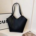 Minimalist black leather tote bag with lychee texture and deep V-cut opening design - Black