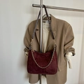Burgundy suede hobo bag with gold chunky chain strap and brown shoulder strap - Coffee without Pendant