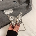 Bolso de fiesta mariposa plateado con pedrería brillante y cadena de cuentas - Plateado