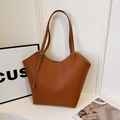 Brown litchi grain leather tote bag with V-shaped opening and adjustable strap - Brown