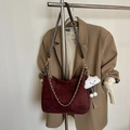 Large burgundy suede tote bag with golden chain and white cloud pendant - Coffee With Pendant