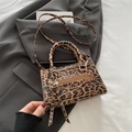 Stylish leopard print crossbody bag with dual handles on grey blazer background - Brown