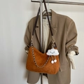 Caramel faux suede chain tote bag with white cloud plush pendant and brown leather strap - Brown with Pendant
