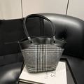 Sac fourre-tout chic en pied-de-poule avec bordure en cuir noir et doubles poignées - Noir Type 1