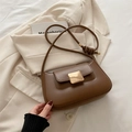 Dark brown leather shoulder bag with gold square buckle and knotted strap detail - Brown
