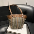Sac seau vintage en tweed avec garniture en cuir marron et anneaux métalliques - Marron