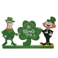 Wooden St. Patrick's Day desktop decor featuring gnomes holding a large green shamrock - Two Leprechauns Shamrock Style (Style F)