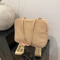 Minimalist beige suede rectangular underarm tote bag with silver zipper and slim straps - Khaki