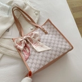 Grande borsa tote in tela color crema con motivo NK e finiture in pelle rosa con sciarpa - Rosa