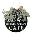 Targa porta gatto in legno nero con fiocco a scacchi e scritta di benvenuto - Stile Gatti (Targa CATS Quadretti Bianchi e Neri)