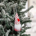 Detailopname van een handgemaakte Valentijnskabouter hangend aan een besneeuwde tak - Rood en wit hartjespatroon hoed (Model C)