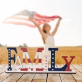 Patriotic FAMILY wooden block sign with American flag stars and stripes for home decor - Independence Day Wooden Ornament FAMILY