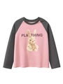 T-shirt da bambina a maniche raglan rosa e grigio con stampa realistica di coniglio - 120cm / Rosa/Grigio Scuro