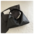 Minimalist black PU leather crescent tote bag with vintage wrinkled texture detail - Black