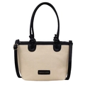 Bolso bicolor de tejido beige con ribete de cuero negro y correa de hombro ajustable - Negro