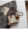 Light green canvas bucket bag with brown leather trim and cute monster charm - Cream White with Pendant