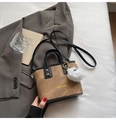 Retro brown bucket handbag with black handles and a white pompom charm accessory - Khaki With Pendant
