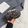 Retro grey leopard print clutch bag with golden bow clasp and stylish chain strap - Black