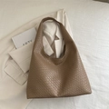 Chic brown woven hobo shoulder bag in premium faux leather with a minimalist retro design - Khaki