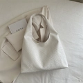 Creamy white woven leather hobo shoulder bag with a minimalist retro textured design - White