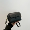 Chic black lychee grain leather square crossbody bag with gold hardware and flap closure - Black Type 1