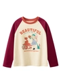 Maglietta a maniche raglan per bambini con grafica di ragazza e volpe su bianco - 120cm / Beige / Borgogna