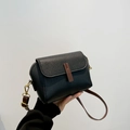 Minimalist black litchi pattern leather crossbody bag with brown strap and gold buckle - Black Type 2
