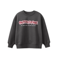 Dark gray fleece sweatshirt for kids featuring red INTERESTING slogan print - Dark Gray / 120cm