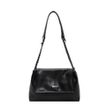 Borsa a tracolla nera minimalista con trama in pelle e targhetta logo argentata - Nero