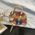 Fashionable color-block patchwork shell handbag with textured leather and gold hardware - Khaki