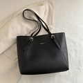 Classic black leather tote bag with gold buckle strap for elegant commuting wear - Black