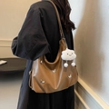 Brown large capacity leather shoulder bag with silver butterfly and plush cloud charm - Brown