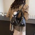 Black large faux leather tote with silver butterfly charms and plush bear pendant - Black