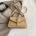 Minimalist apricot pebbled leather handbag with V-flap and gold buckle in a stylish set - Khaki