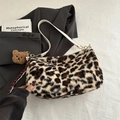 Faux fur leopard print tote bag with white leather strap and plush bear charm - White With Pendant